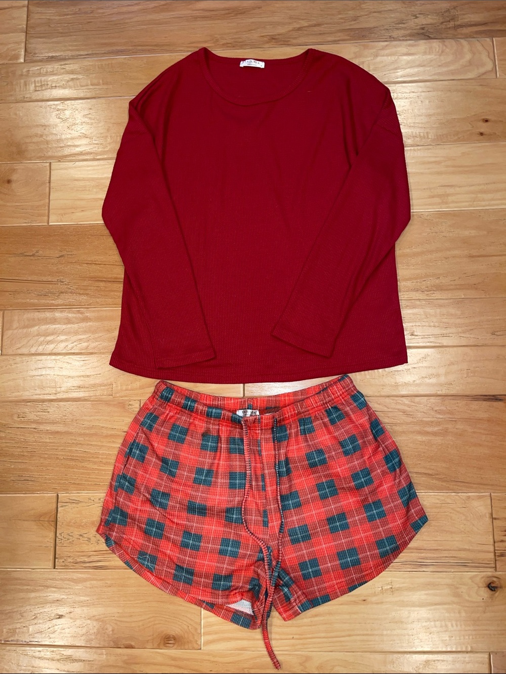 Never worn Cozy Red Long-Sleeve Top & Red Plaid Sleep Shorts Set